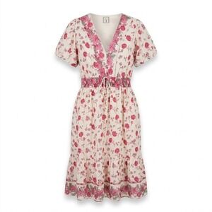 Lea 3X Ivory Pink Floral Cotton V-Neck Maxi Smocked Waist Dress Pockets